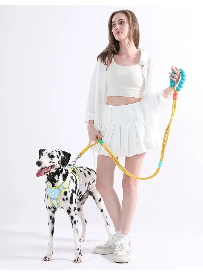 A woman is holding a yellow adjustable hands-free dog leash attached to a spotted dog.