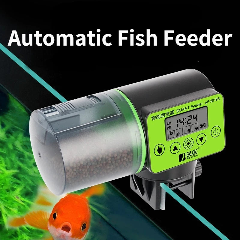 Smarte automatische Fischfuttervorrichtung mit digitaler Anzeige neben einem orangefarbenen Goldfisch.