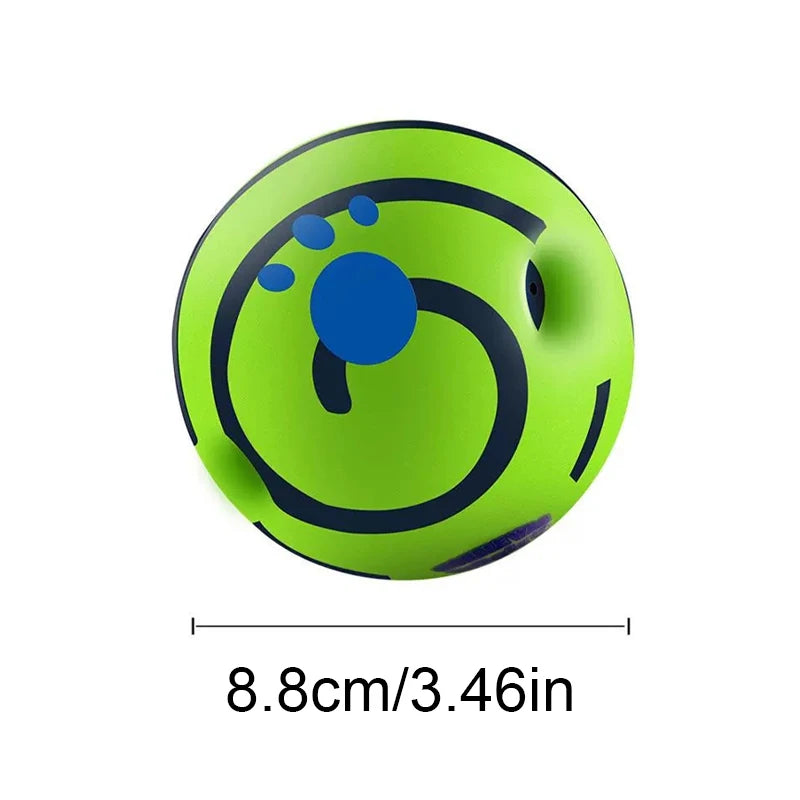 A bright lime green interactive wobble giggle ball with blue accents for dogs.