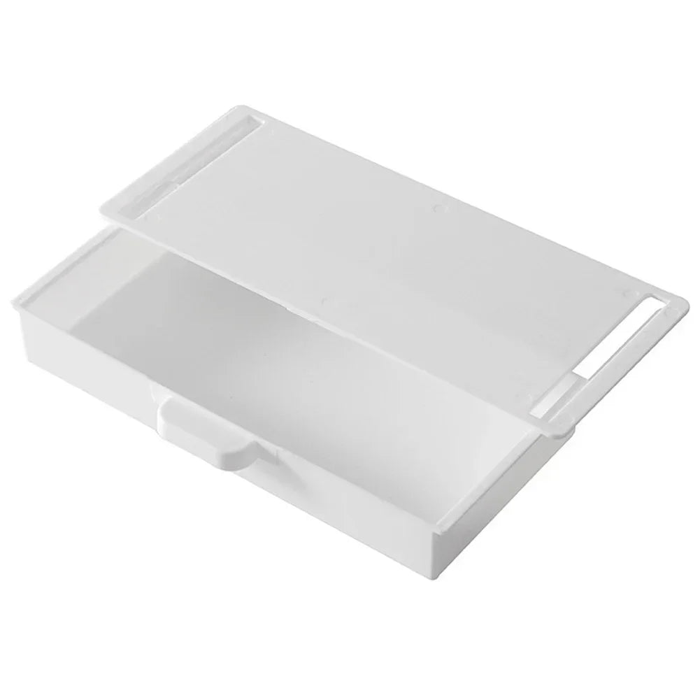 A white under desk drawer organizer with a dust-proof cover shown from above.