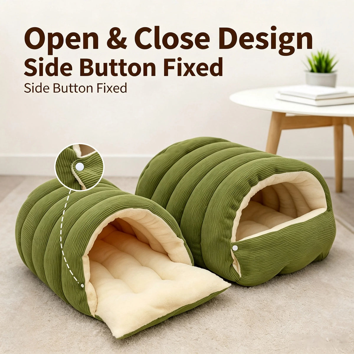 A green open and close design side button fixed corduroy cat cave bed for pets.