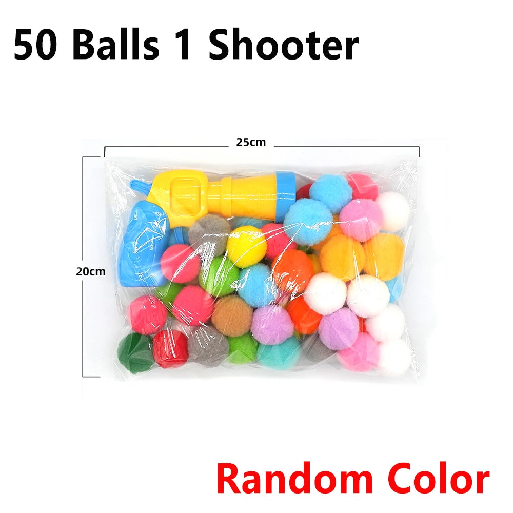 A clear plastic bag containing 50 colorful soft plush balls and a yellow shooter toy gun.