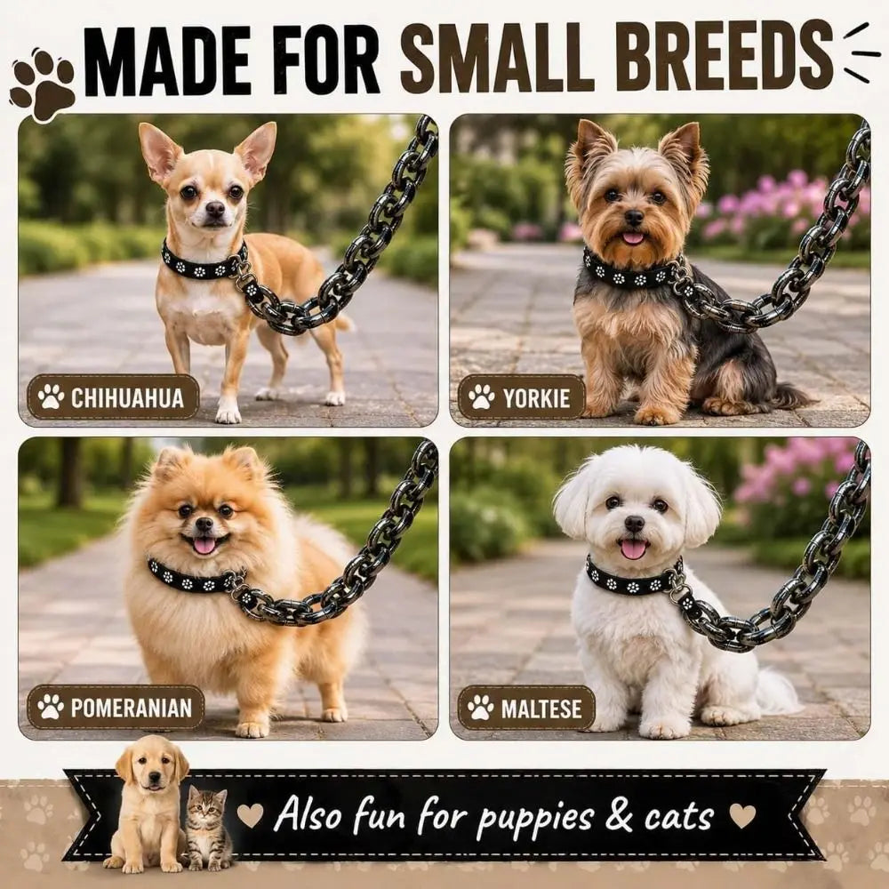 A set of faux chain dog leashes shown with various small breeds including a Chihuahua, Yorkie, Pomeranian, and Maltese.