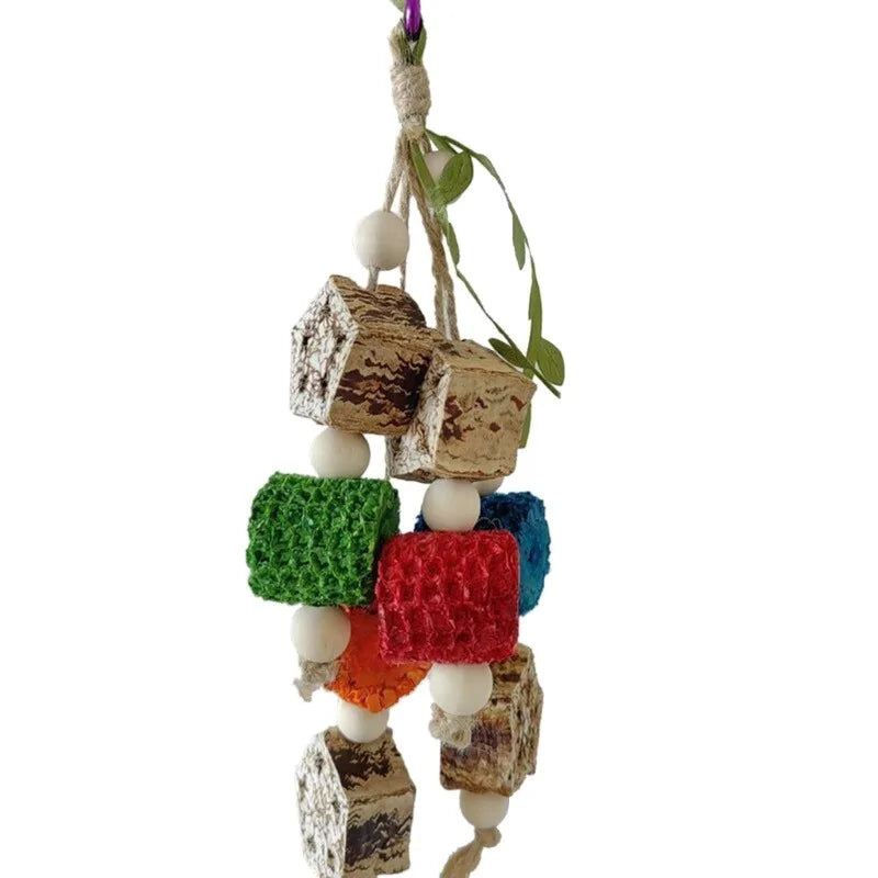 Stainless steel parrot chew toy with accent cups made of various colored and textured materials