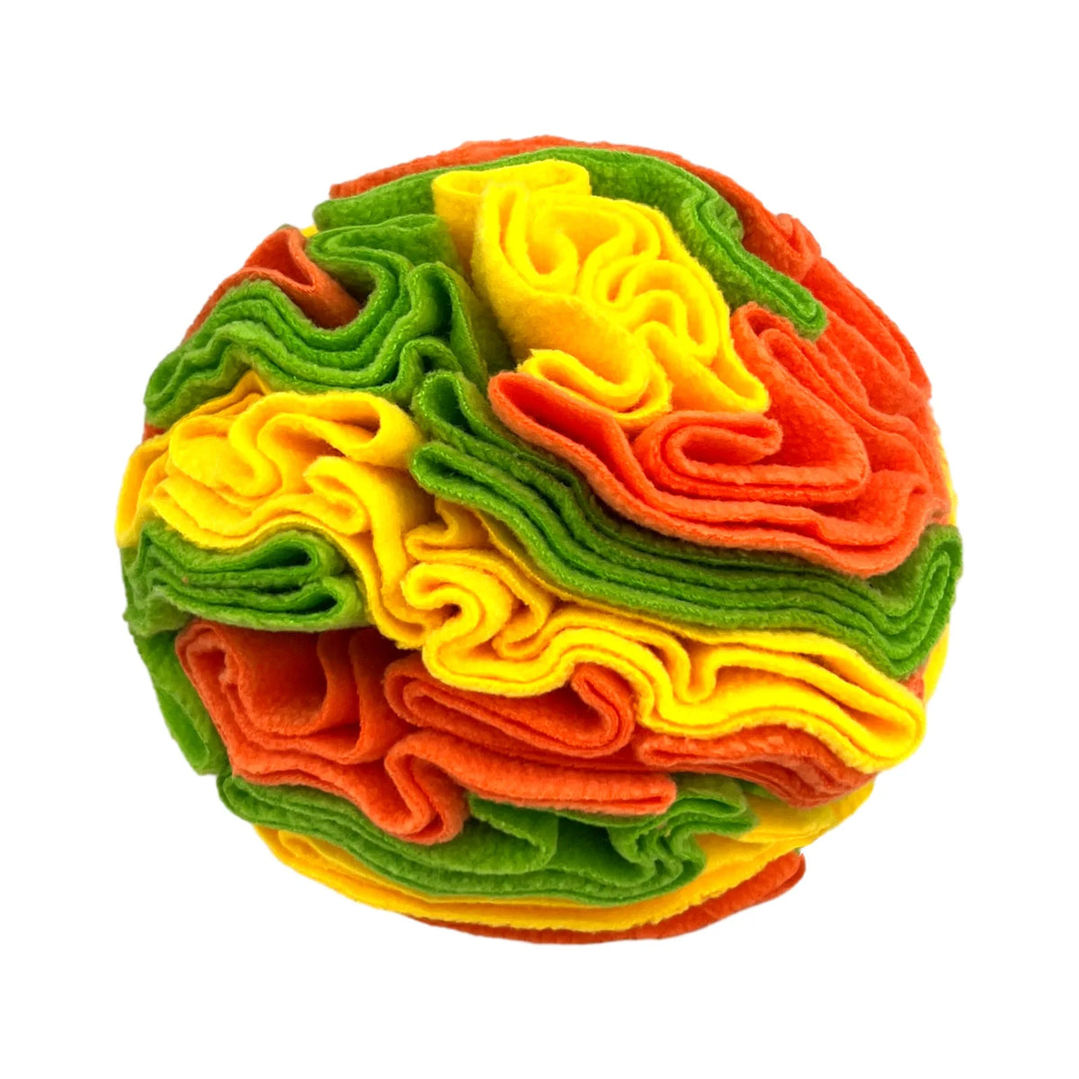 Balle de snuffle en polaire aux couleurs vives (orange, jaune, vert).