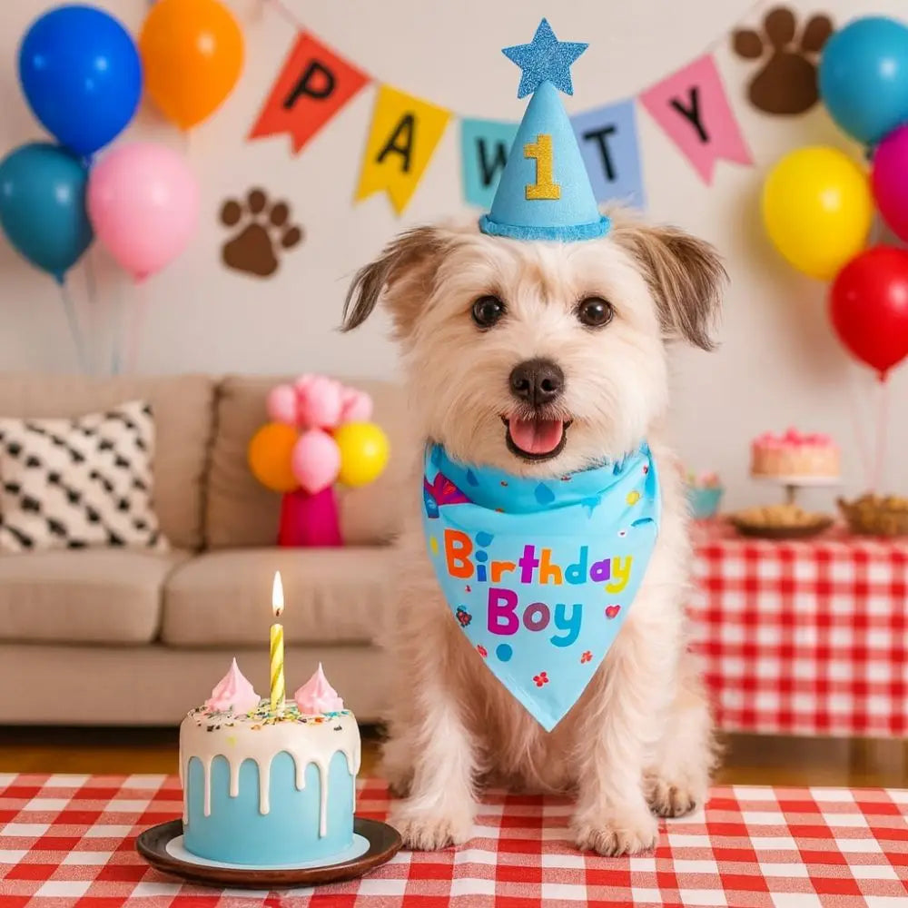A light-colored dog wearing a blue birthday hat and a blue fabric bowtie against a festive party background.
