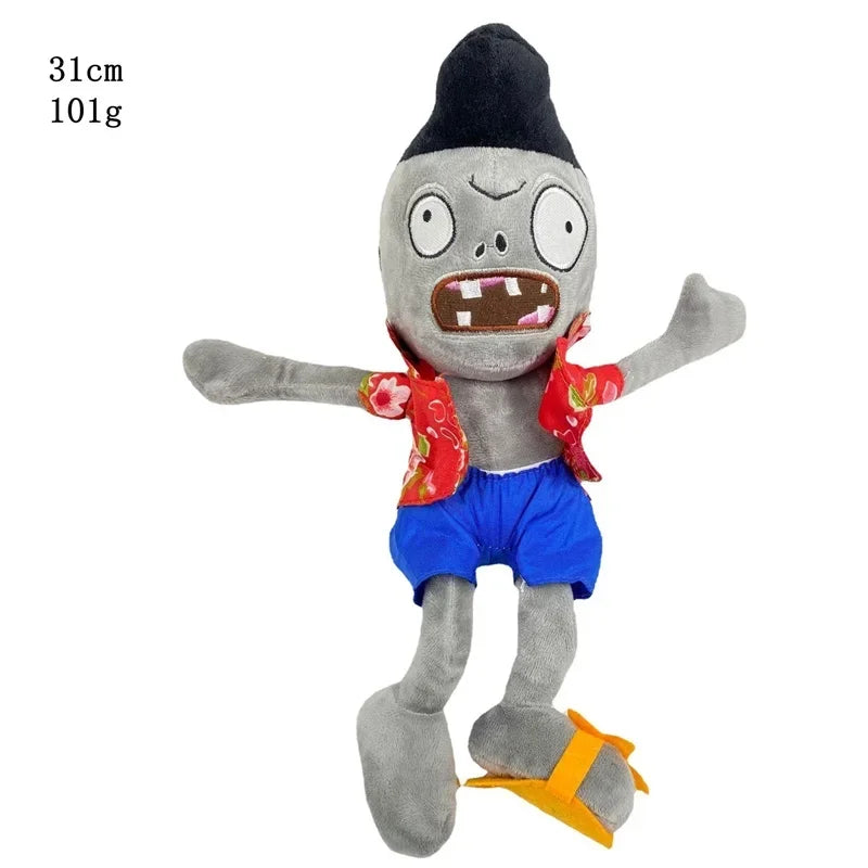 A gray plush toy of the Plants vs. Zombies Gargantuar with a black head and red floral accents.
