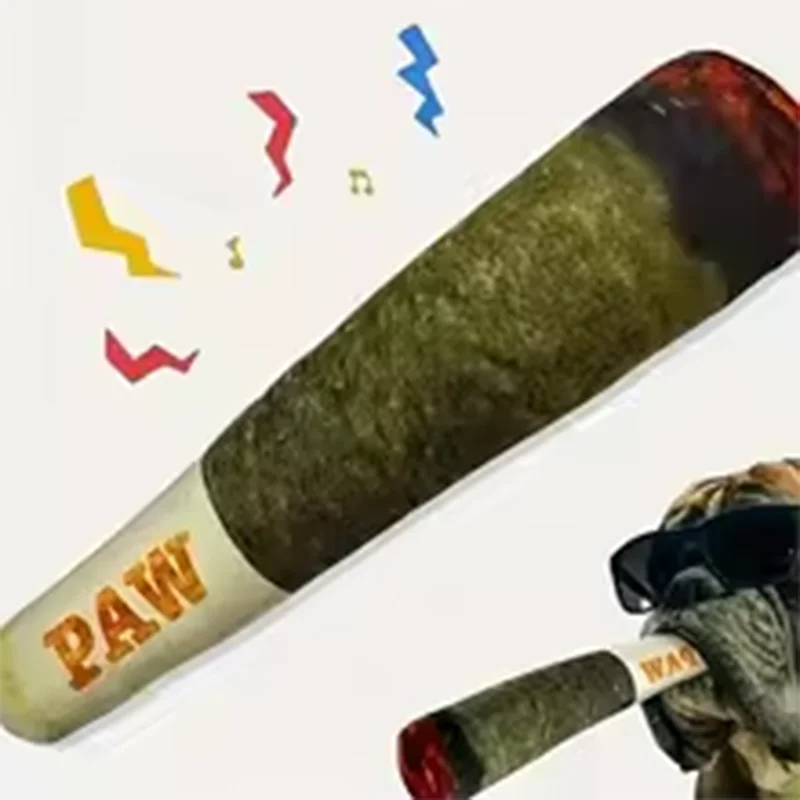 Cigar-Shaped Squeaky Plush Dog Toy for Interactive Play and Teeth Care