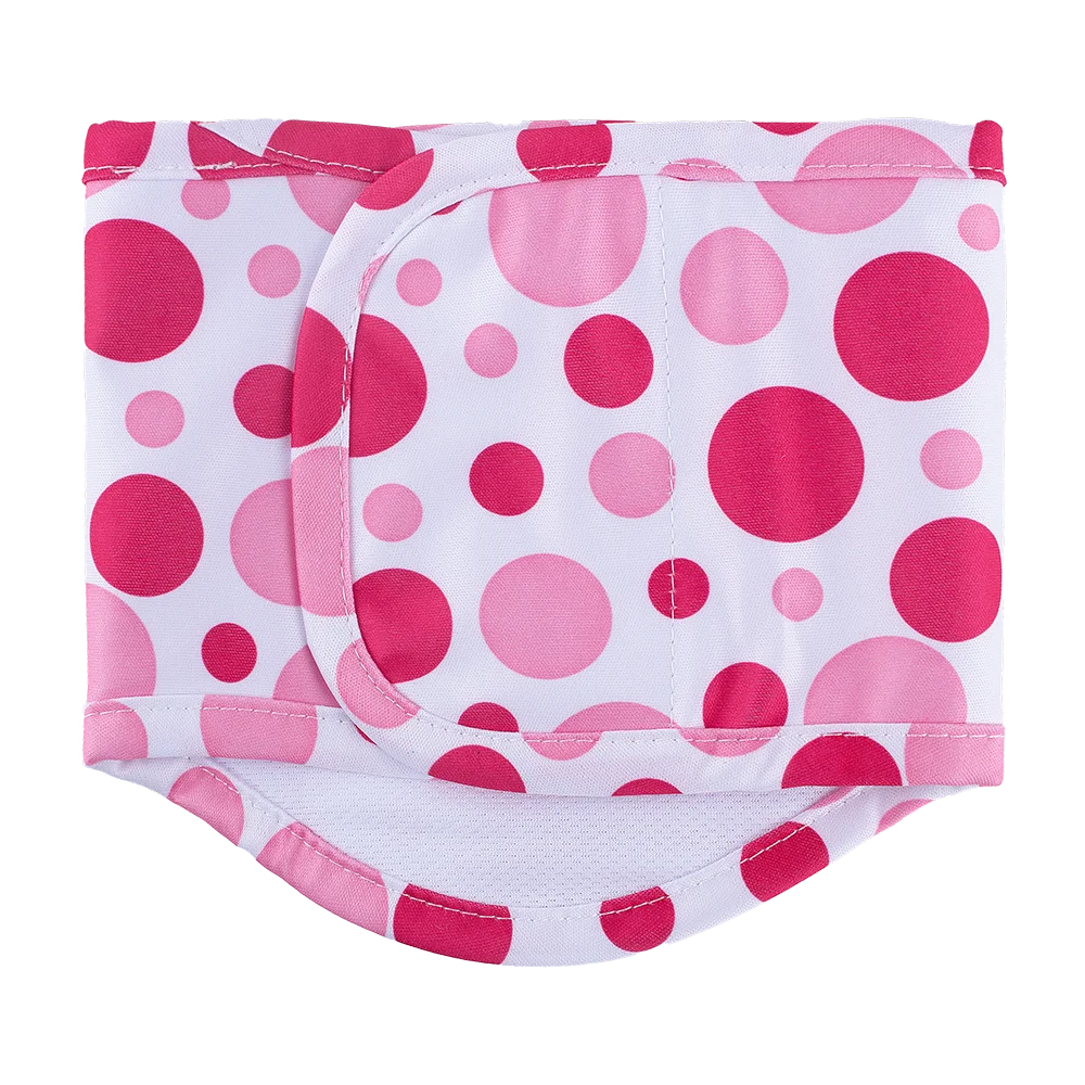 Pink and white polka dot reusable male dog sanitary pants with an adjustable fit