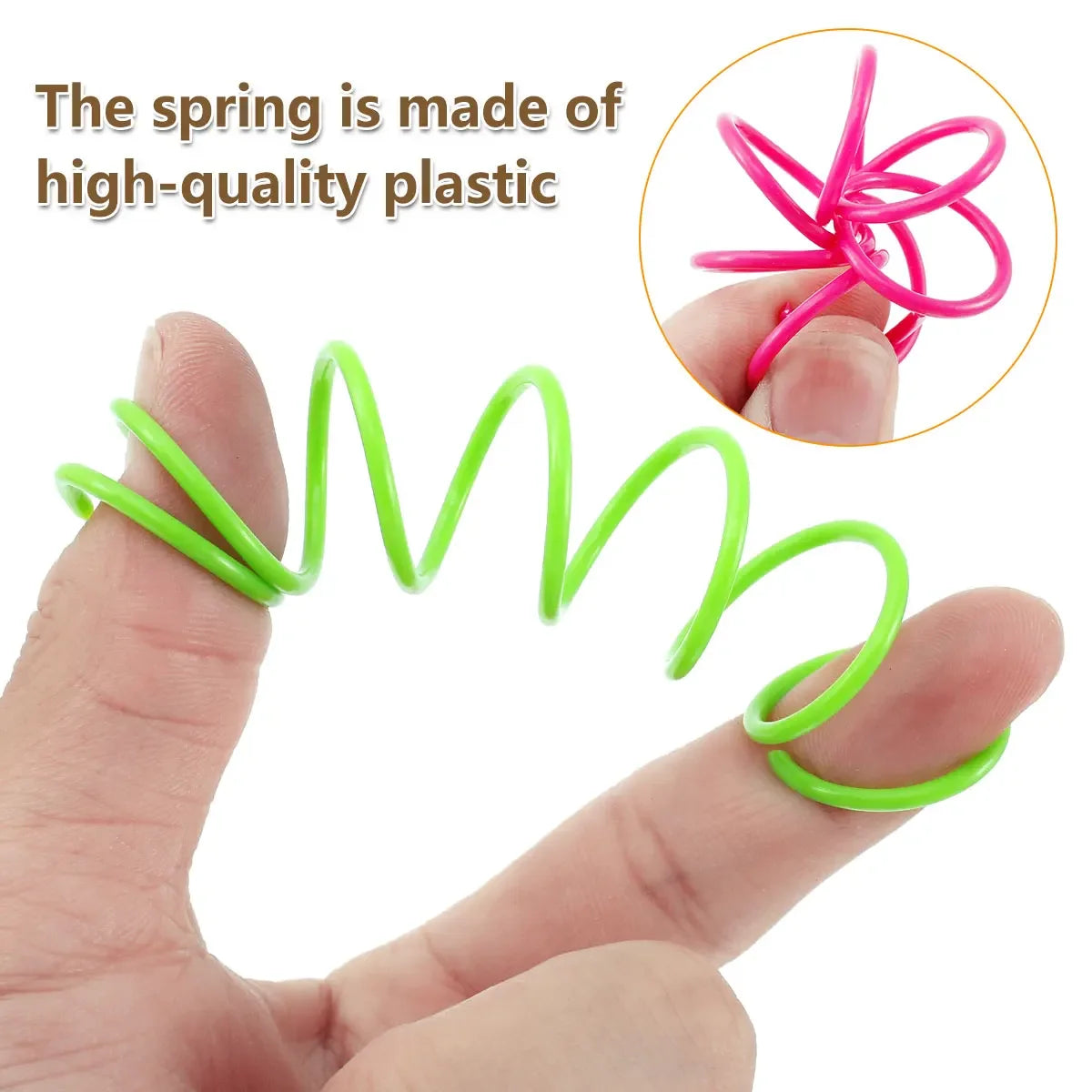 A hand holds a bright green spring toy, demonstrating its flexible and durable plastic material.
