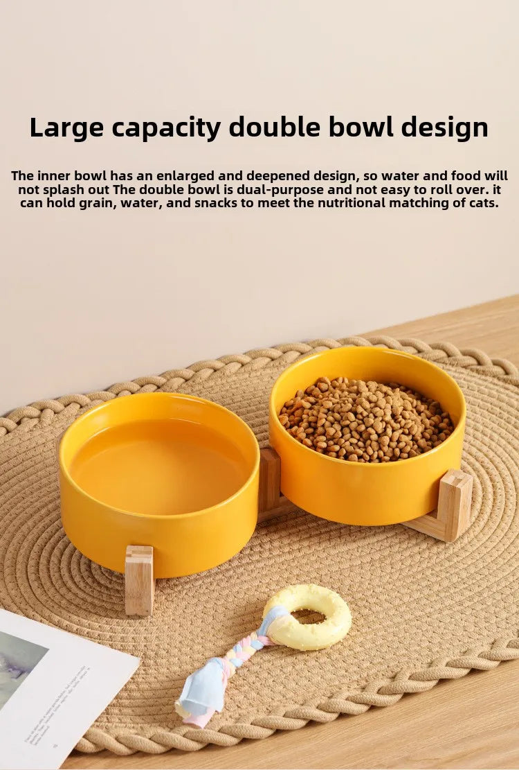 Elevated Ceramic Pet Bowl with Wooden Stand