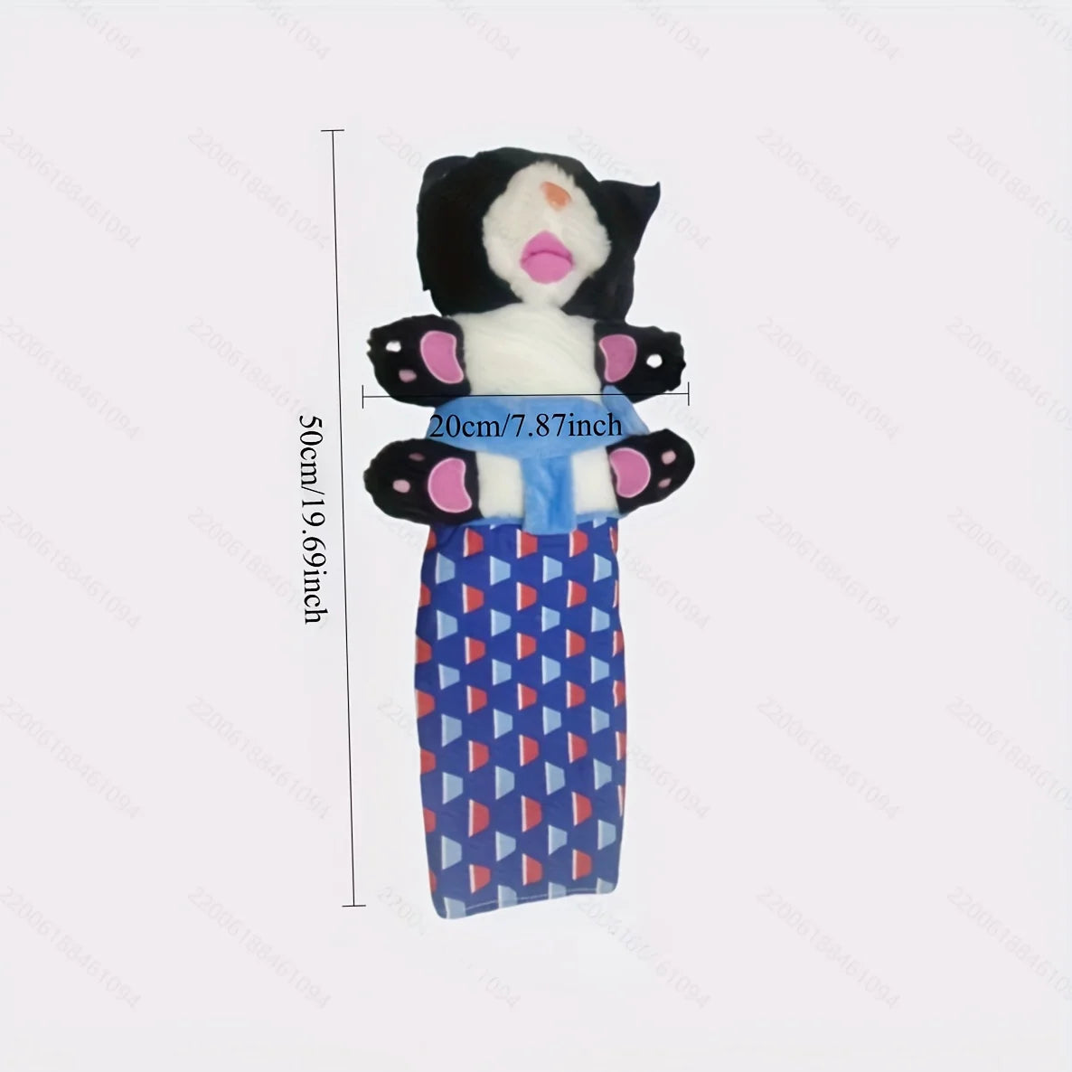 A plush toy of a cat with poseable limbs, featuring black and white fur and blue clothing.