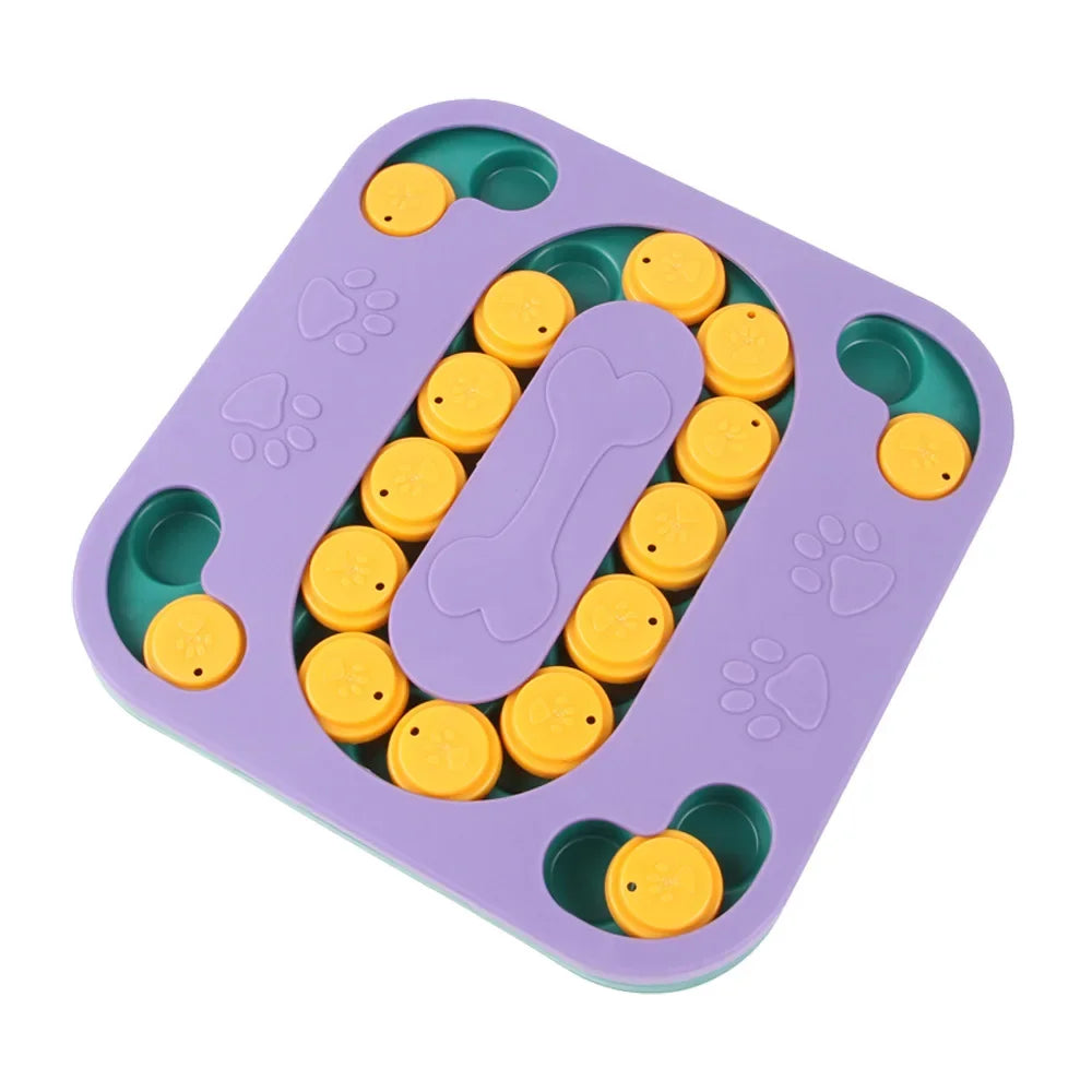 A purple interactive puzzle slow feeder bowl containing yellow kibble and various textured shapes for dogs or cats.