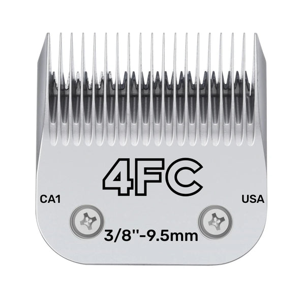 Silver professional dog grooming clipper blades with 4FC designation and a 3/8"-9.5mm guard.