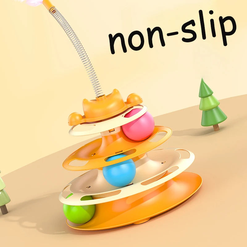 Interactive Cat Toy Tower with Turntable, Track, and Feather Balls