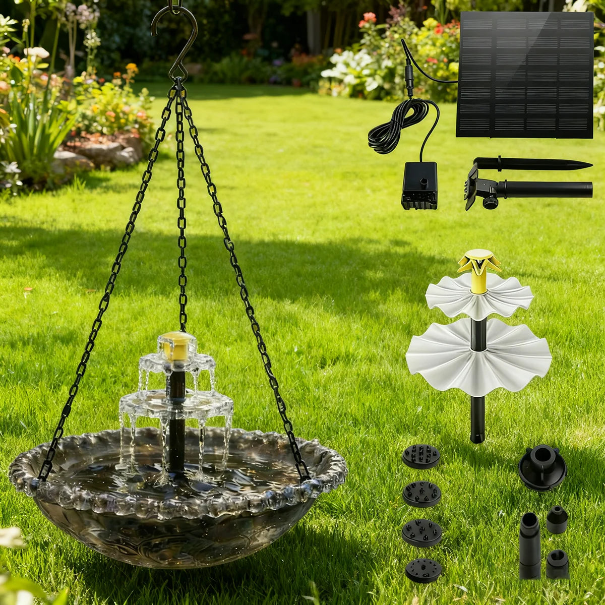 Solar Hanging Bird Bath Fountain with Glass Bowl