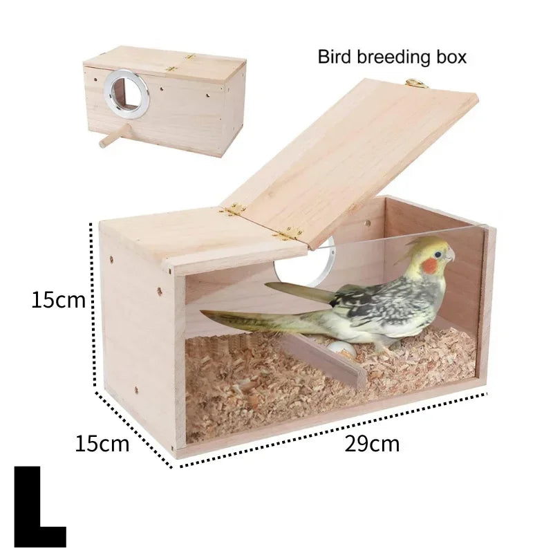 A wooden bird breeding box with a transparent viewing panel showing a bird resting on bedding.