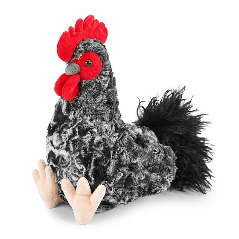 A lifelike plush rooster and hen set with black and gray feathers and orange feet.