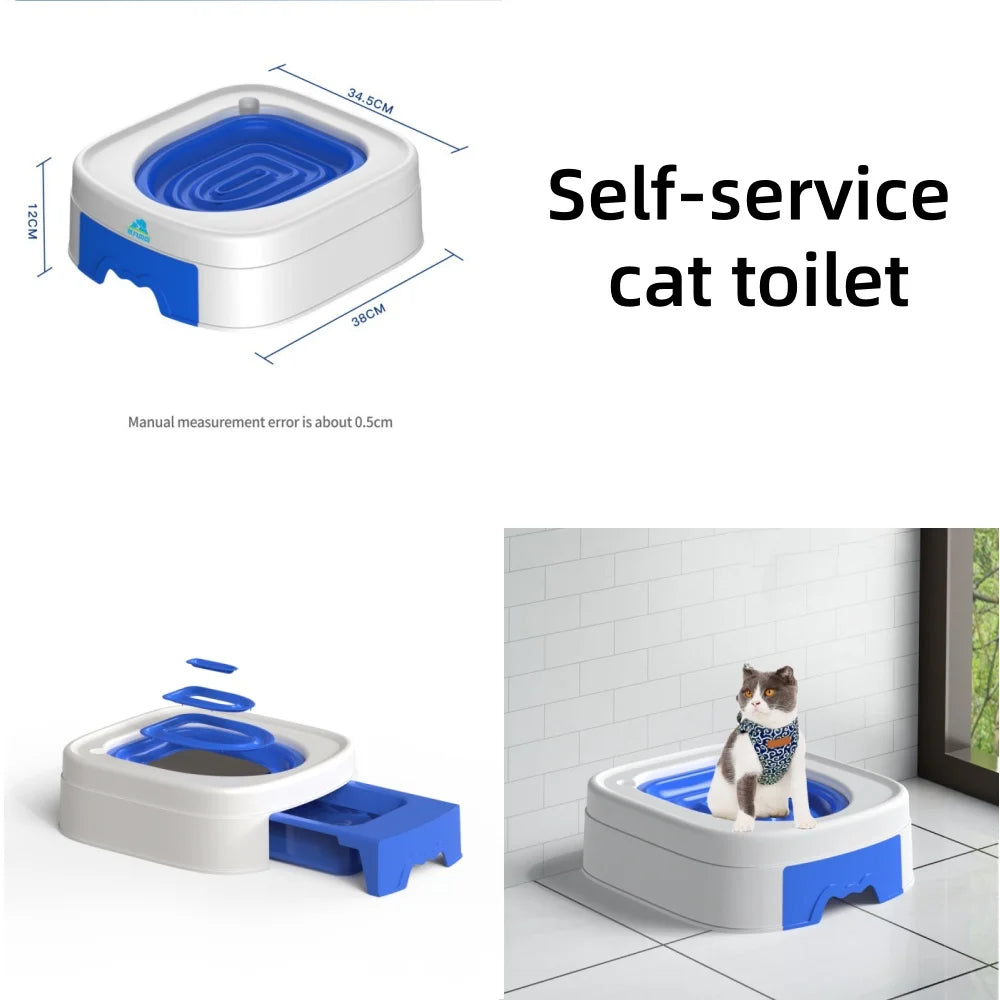 Weiße und blaue Selbstbedienungs-Katzentoilette in verschiedenen Ansichten.