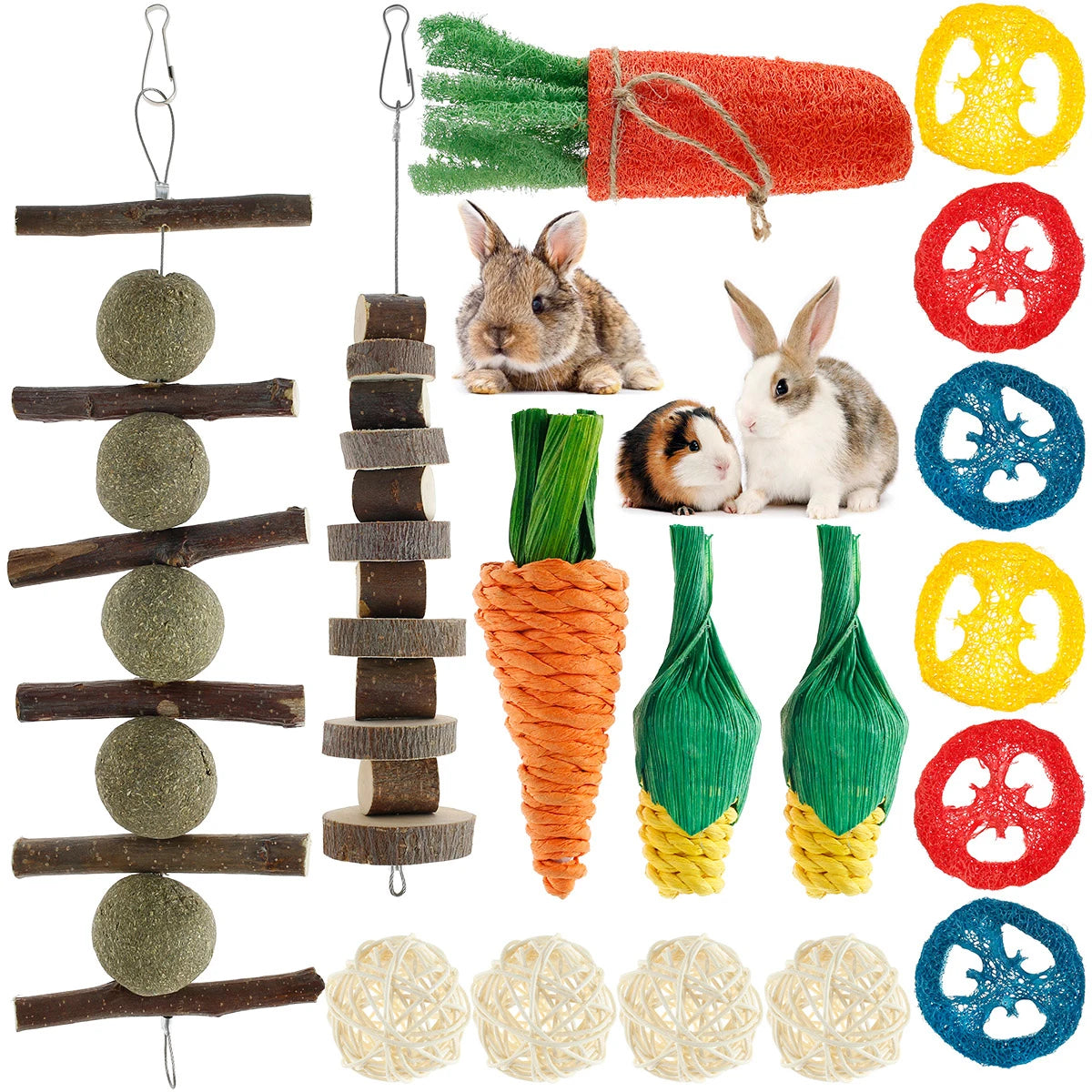 Natural Wood Chewing Toy Set for Small Pets