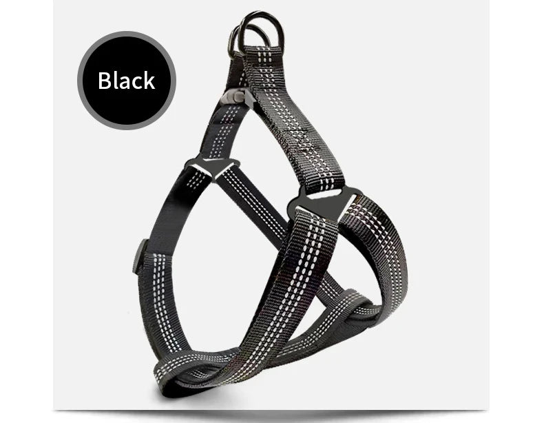 Black breathable reflective dog harness with leash shown against a white background.