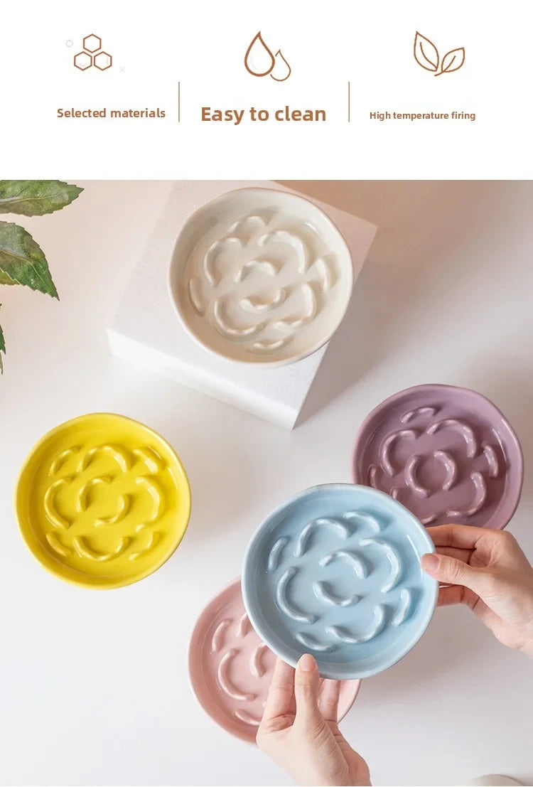 Ceramic Elevated Cat Bowl with Slow Feeder Design