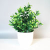 A vibrant green artificial bonsai plant in a white pot displayed on a light surface.