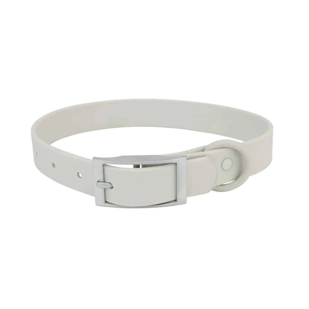 A white adjustable PVC pet collar with a silver buckle shown against a white background.