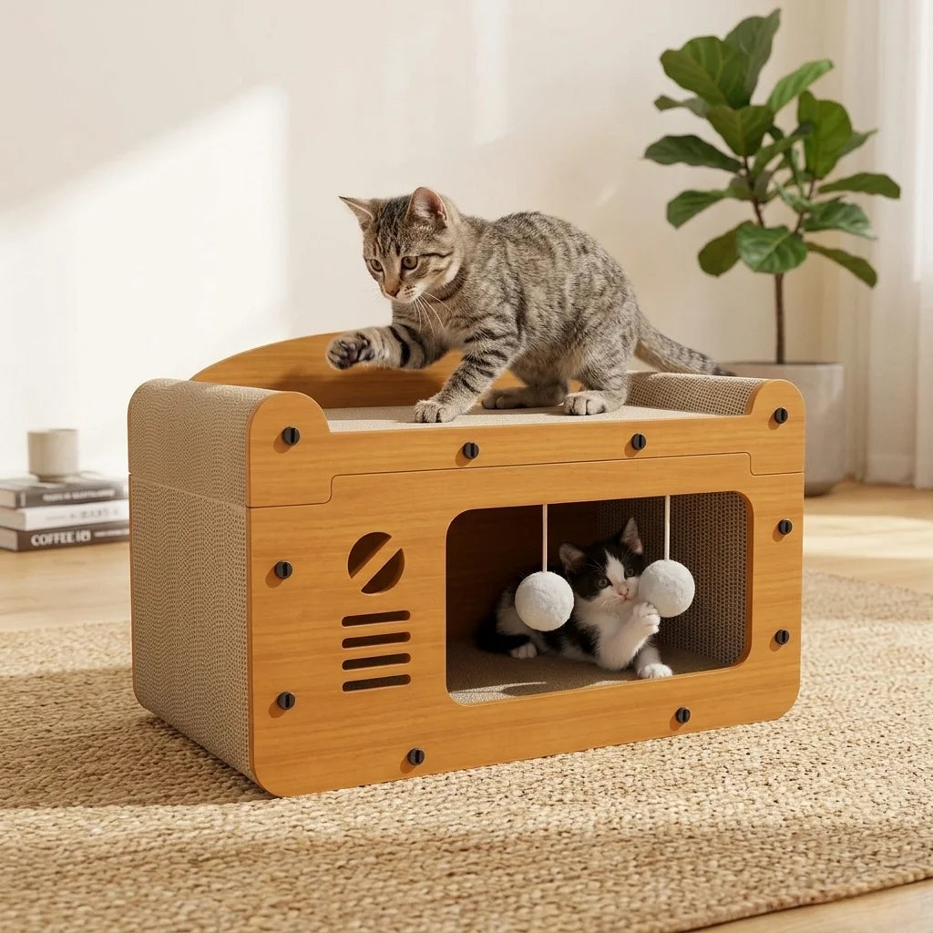 2-in-1 Cat Scratcher House with Hideout and Lounge Bed