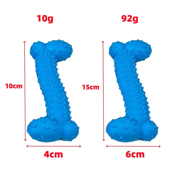 Two bone-shaped dog chew toys in blue, measuring 10g and 92g.
