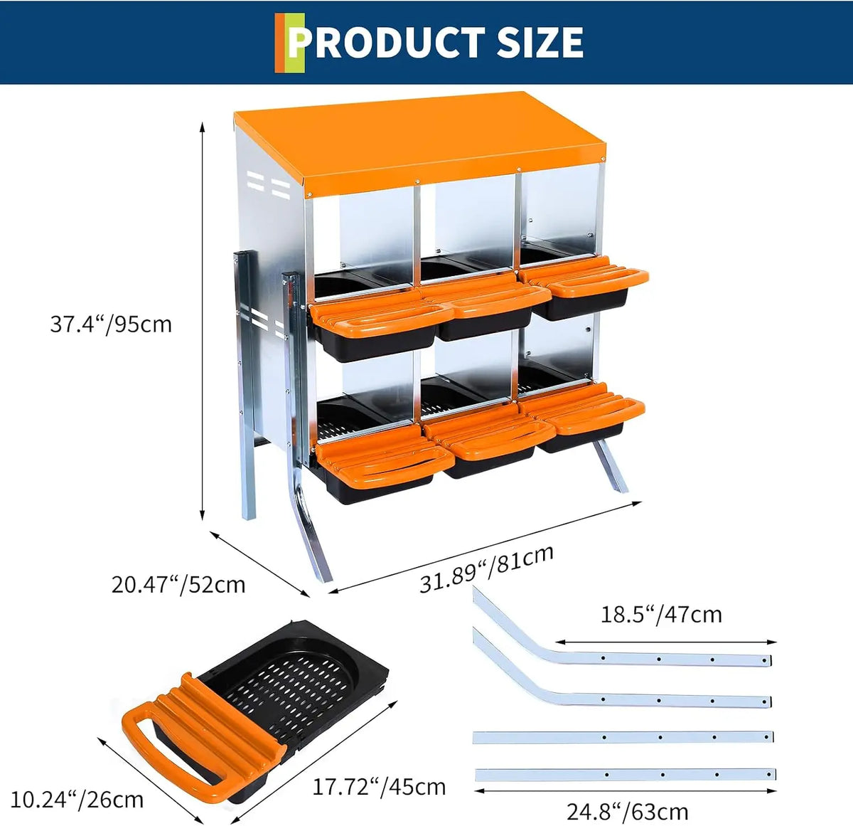 Orange and silver 6-compartment galvanized chicken nesting box with roll-out egg trays and accompanying tools