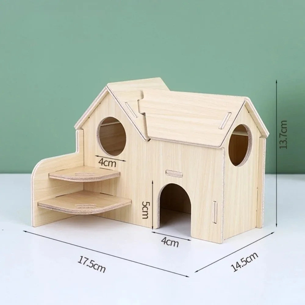 Natural Wooden Hamster Villa with Climbing Platform