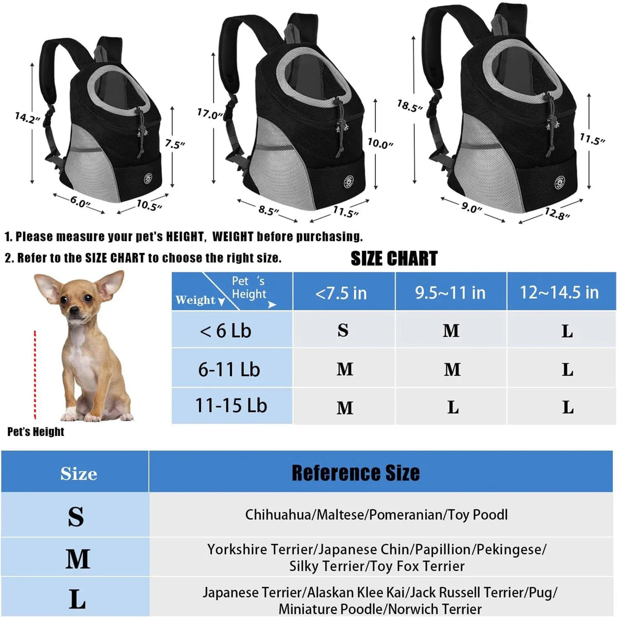 Schwarzer Hund, Fronttrage-Rucksack, von der Seite mit verschiedenen Größen und Maßen