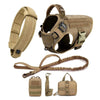A tan tactical dog harness with a MOLLE system and leash attachments shown in various components.