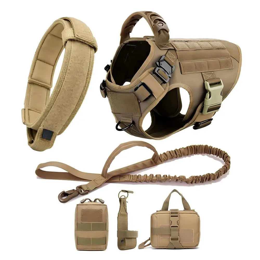 A tan tactical dog harness with a MOLLE system and leash attachments shown in various components.
