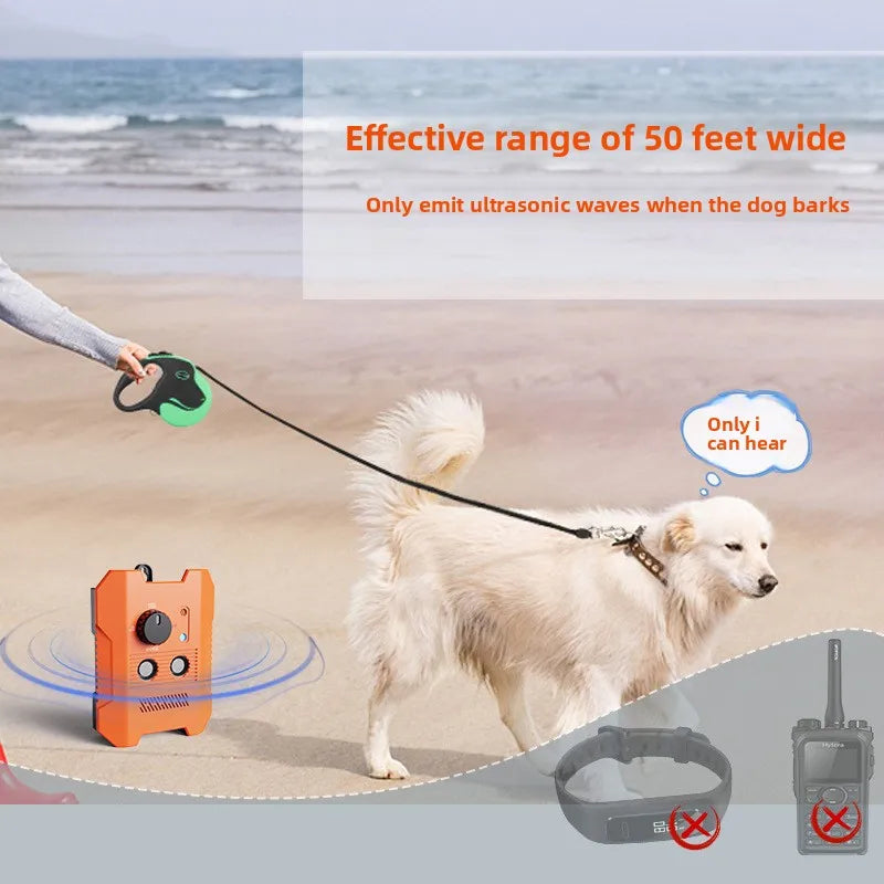 A dog is being deterred by an orange ultrasonic device, with waves shown emanating from the device.