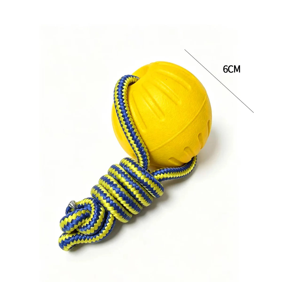 A yellow rubber fetch ball for dogs with a blue braided rope, measuring 6cm.