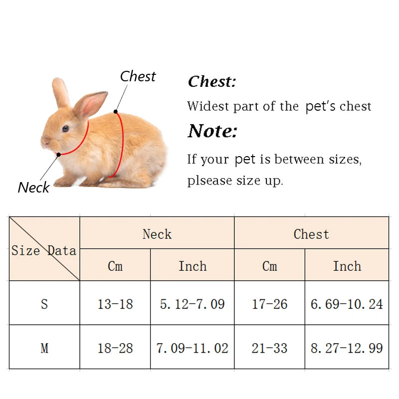 Diagram showing the chest and neck measurements for different sizes of a pet rabbit.