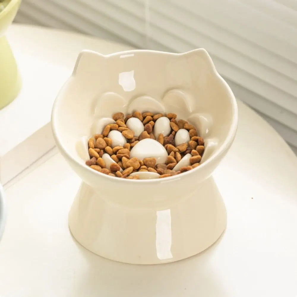 A white ceramic pet food bowl with a raised slanted design filled with dry kibble and white pieces.