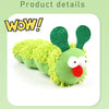 A green, fuzzy cat-like toy with large ears and a red nose is shown.