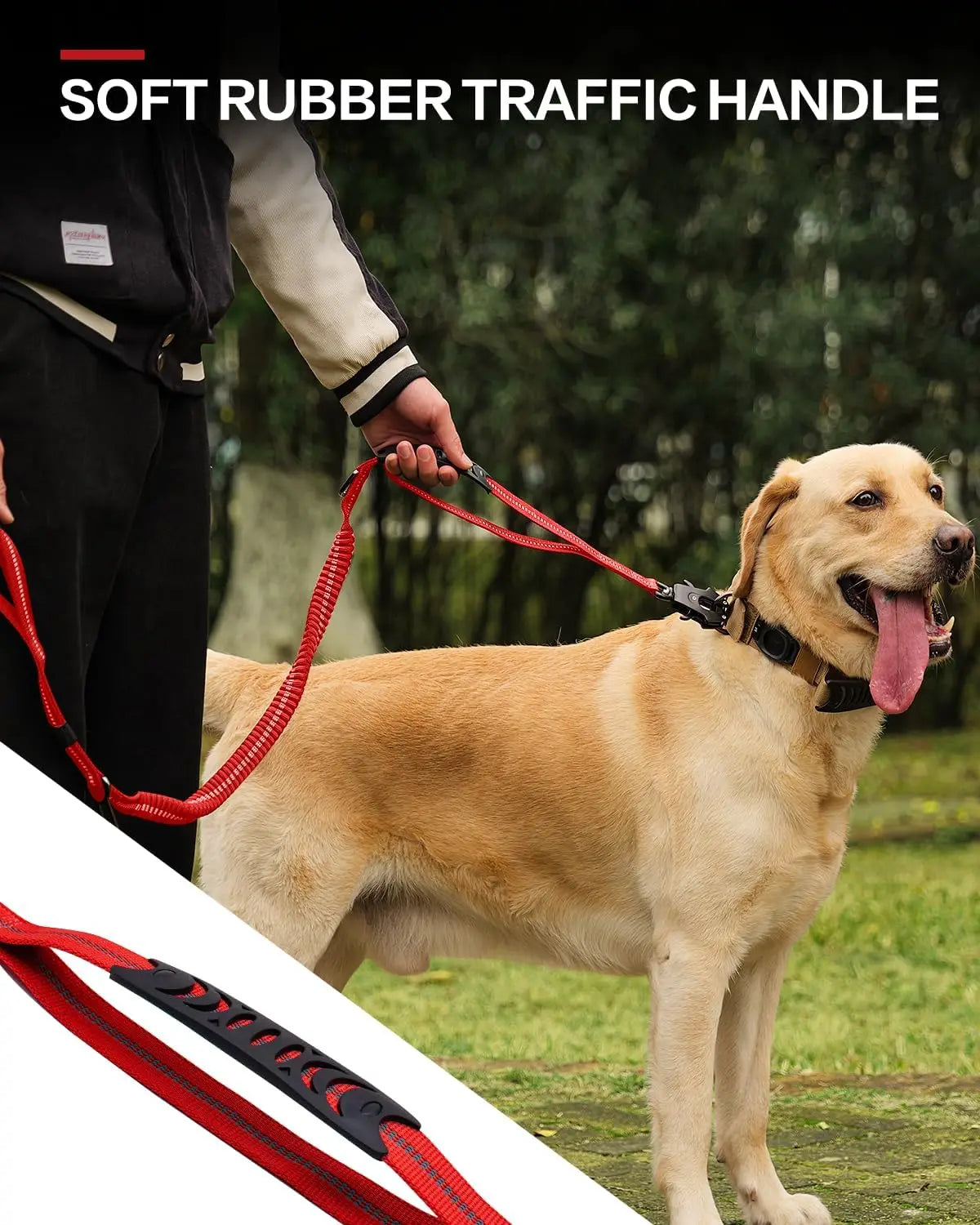 A dog is being walked on a red leash with dual handles, demonstrating the soft rubber traffic handle feature.