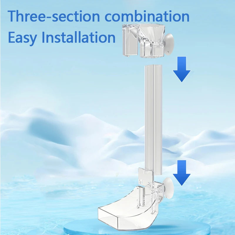 A three-section combination transparent aquarium fish feeding tube with easy installation shown against a snowy background.