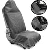 Gray waterproof non-slip car seat cover protector shown with close-up details of the fabric and fit