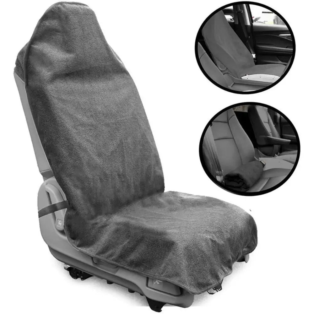 Gray waterproof non-slip car seat cover protector shown with close-up details of the fabric and fit