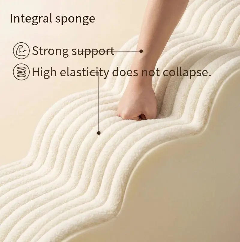 A hand is pressing into a white integral sponge product, demonstrating its strong support and high elasticity.