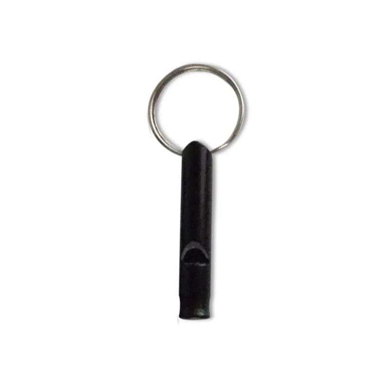 A black parrot training whistle with a metal loop.