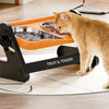 A ginger cat is eating from an orange raised bowl on a black stand, demonstrating the Treat & Tender product.