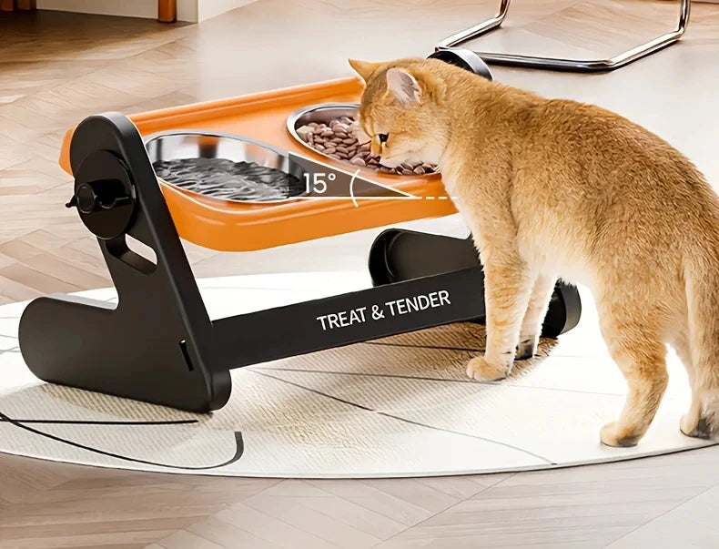 A ginger cat is eating from an orange raised bowl on a black stand, demonstrating the Treat & Tender product.