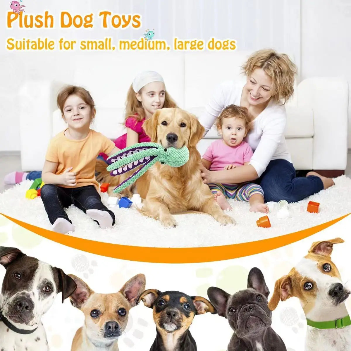 A woman is holding a golden retriever plush dog toy with a child in a bright living room setting.