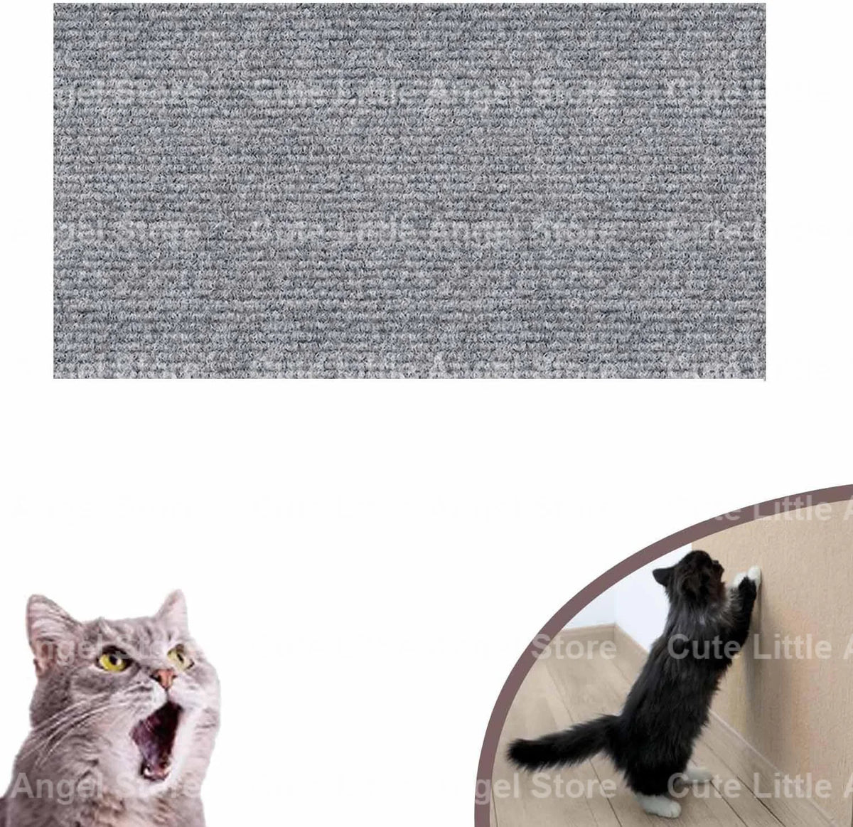 Gros plan d'un tapis à griffes pour chat, autocollant et texturé gris.